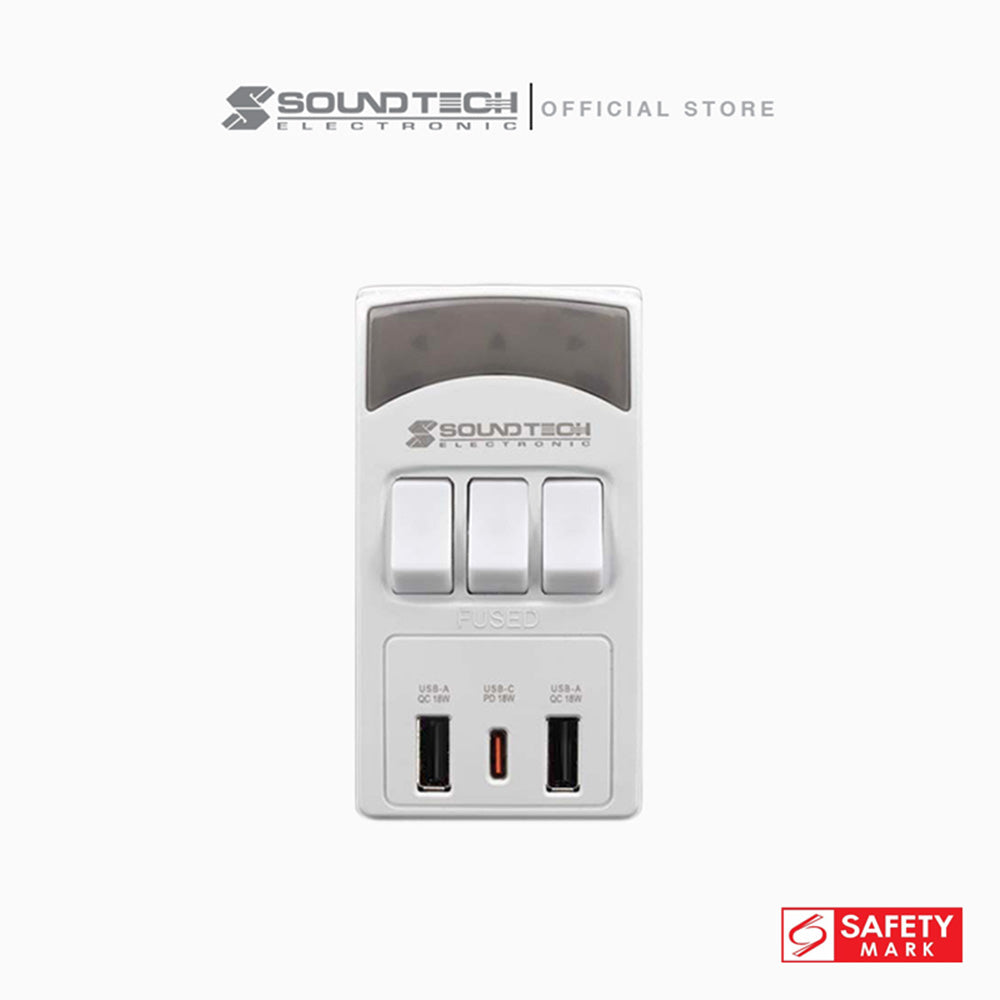 3Ways Adaptor with USB A+C Quick Charger And Switch