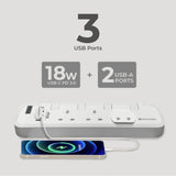 3Way 3M USB A+C Quick Charger Power Strip With Surge Protection