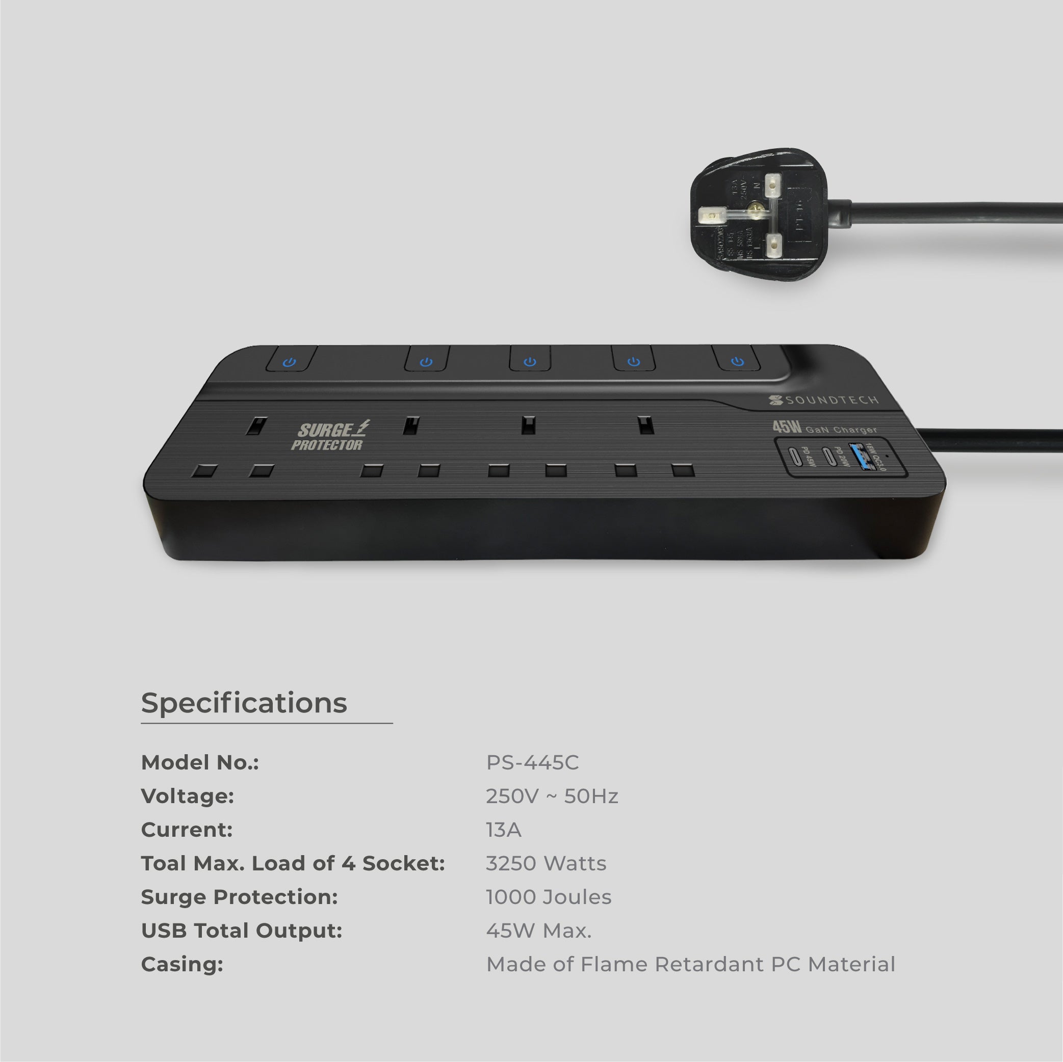 Power Strip with 45Watts USB A+C Quick Charger