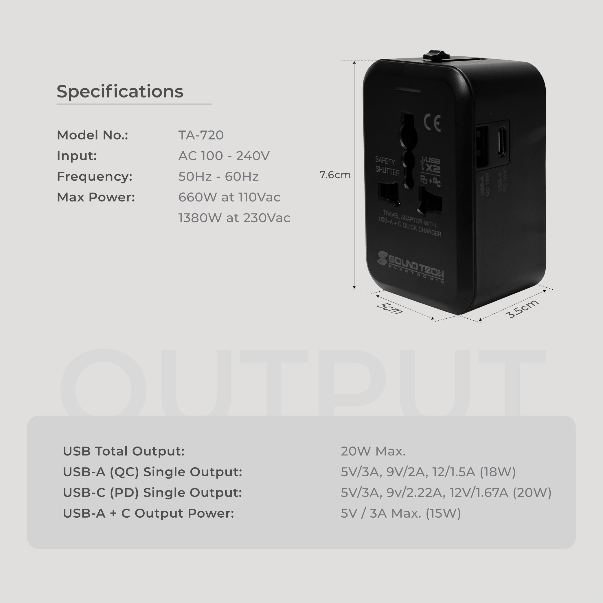 Travel Adaptor with 20W USB A+C Quick Charger