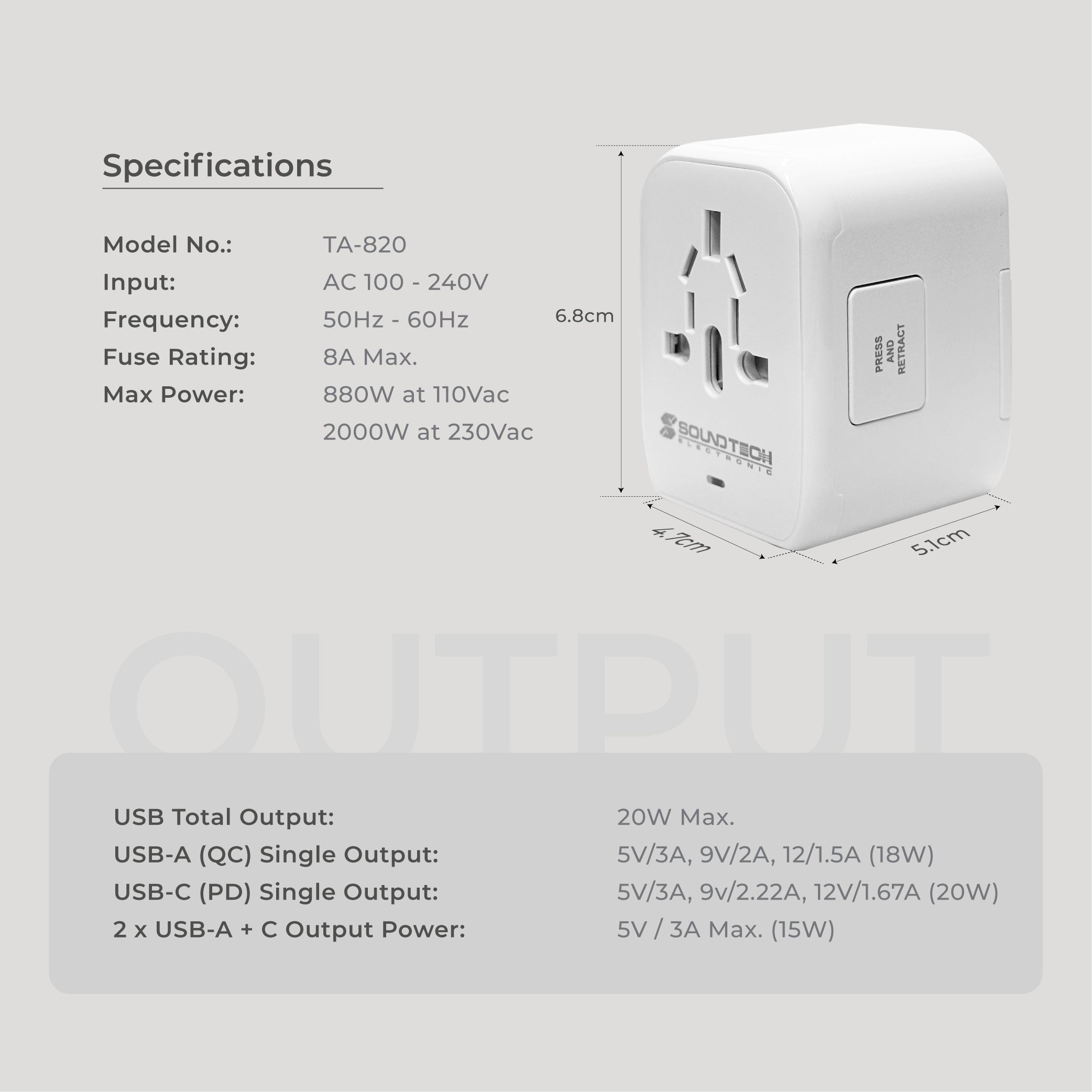 Travel Adaptor with 20W Four USB-A+C Quick Charger