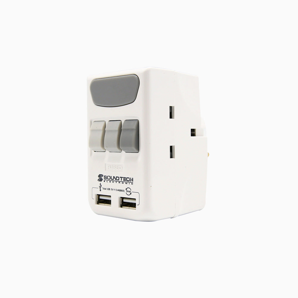 3 Outlets Adaptor W/Smart 3.4A USB and Switch